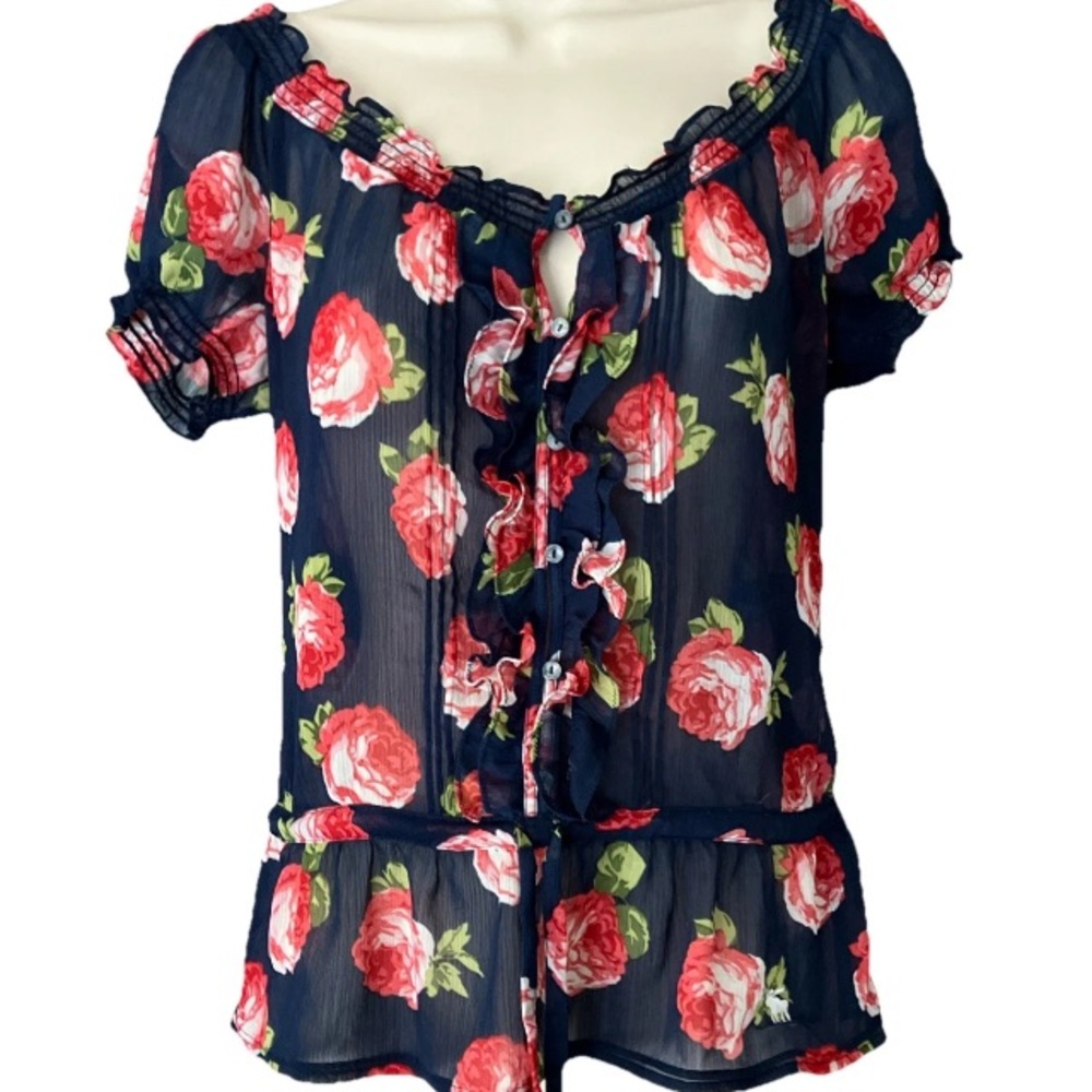 Abercrombie and Fitch Blouse S Navy Blue Floral Rose Puff Short Sleeve Feminine.